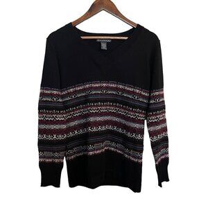 Exofficio Womens Black Wool Blend Ribbed Trim Fair Isle V-neck Sweater Small